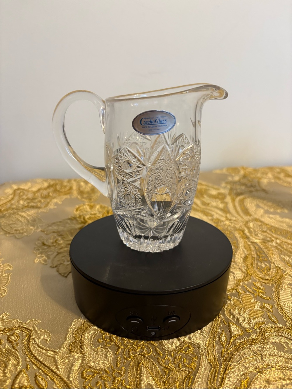 Czechoglass Clear Cut Glass Water Pitcher w/ Handle, Clear Glass, Cut Style